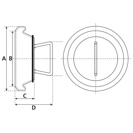 Technical diagram of the Blanking Plug - Female - 4'' (108mm) (Galvanised) - S.59418 by Sparex. The galvanised diagram shows a side view with labeled dimensions A, B, C, and D, alongside a front view with central crosshairs.