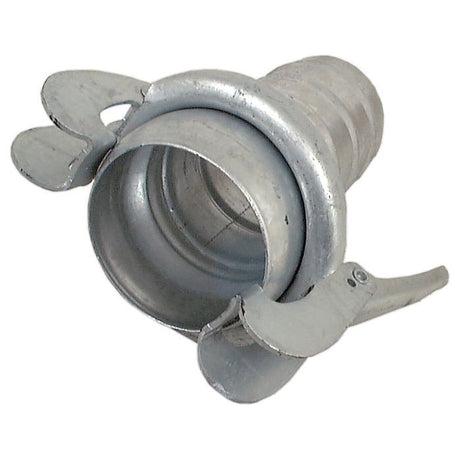 The Coupling with Hose End - Male 4'' (108mm) x 4'' (102mm) (Galvanised) - S.59421 by Sparex features two winged tabs extending from the sides, designed for secure attachment in mechanical or plumbing systems.