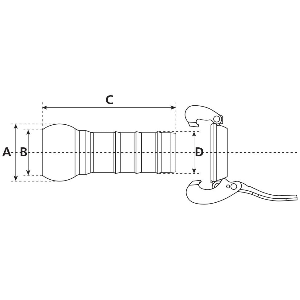 Technical drawing of the Coupling with Hose End - Male 4'' (108mm) x 4'' (102mm), featuring measurements labeled A, B, C, and D that correspond to different parts of the coupling. The detailed view includes a clamp ring for secure attachment. Product: Sparex S.59421 (Galvanised).