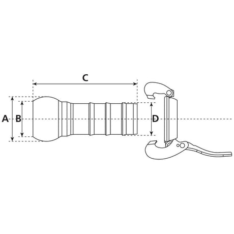 Technical drawing of the Coupling with Hose End - Male 4'' (108mm) x 4'' (102mm), featuring measurements labeled A, B, C, and D that correspond to different parts of the coupling. The detailed view includes a clamp ring for secure attachment. Product: Sparex S.59421 (Galvanised).