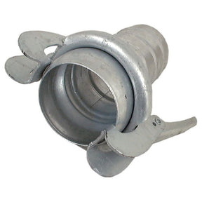 The Sparex Coupling with Hose End - Male 5'' (133mm) x5'' (125mm) (Galvanised) - S.59422 features a cylindrical design with two wing-like projections on either side, and is used for securely connecting hoses or pipes.