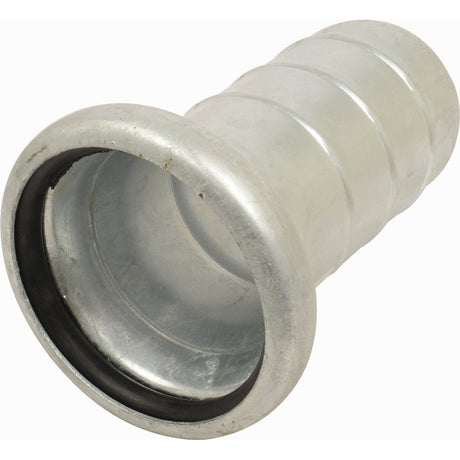 The Sparex Coupling with hose end, Female 4'' (108mm) x 4'' (102mm), Galvanised - S.59424, features a ribbed exterior and a flared end that contains a black rubber gasket ring.