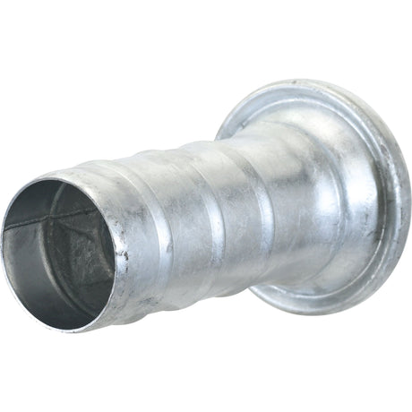 A close-up of the Sparex Coupling with hose end - Female 4'' (108mm) x 4'' (102mm) (Galvanised) - S.59424, showcasing its ridges, flared end, and securely fitted gasket ring.