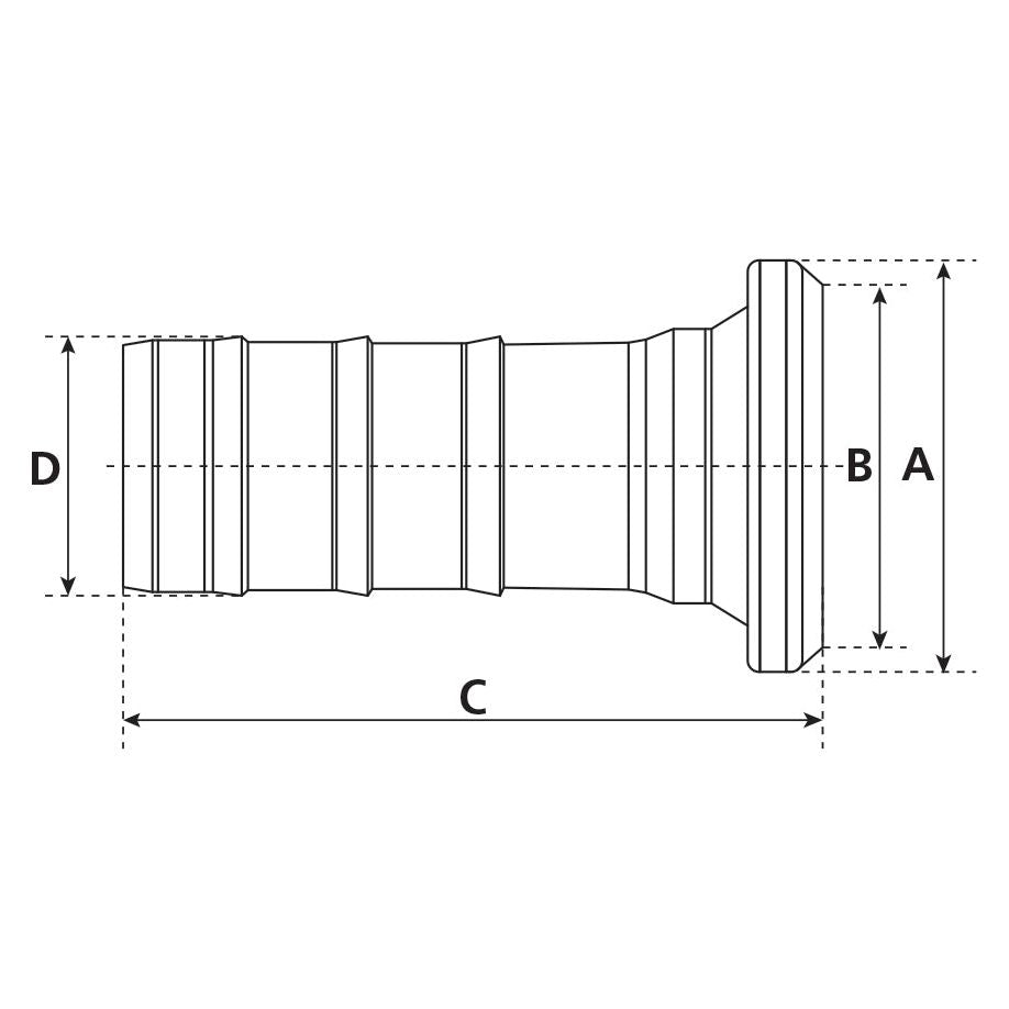 Technical drawing of a cylindrical mechanical component labeled with dimensions A, B, C, and D, featuring a Bauer Fitting. The product is a Sparex coupling with hose end - Female size 5'' (133mm) x 5'' (125mm) (Galvanized) - S.59425.