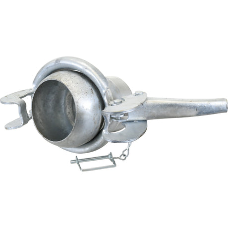 A Sparex Coupling with a threaded end - Male 4'' (108mm) x 4'' BSPT (Galvanised) - S.59429, featuring a circular flange, lever handle, latch mechanism, and wire clip.