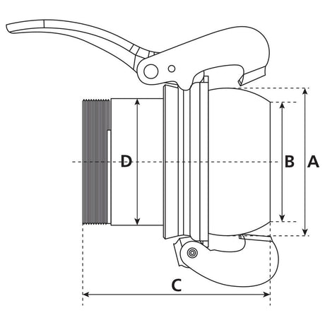 Technical drawing of a mechanical device with labeled dimensions: A (vertical height), B (width), C (horizontal length to the end of the lever), and D (108mm diameter of the threaded section). Includes details for a Sparex Coupling with Threaded End - Male 4'' x 4'' BSPT, Galvanised - S.59429.