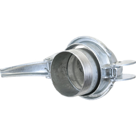 The Sparex Coupling with Threaded End - Male 6'' (159mm) x 6'' BSPT (Galvanised) - S.59431 is a galvanised metallic hose elbow featuring a threaded coupling, clamp arms, and a clamp ring, designed to connect hoses at an angle.