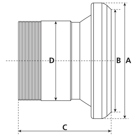 Technical drawing showing a side view of a Coupling with Threaded End - Female 4'' (108mm) x 4'' (Galvanised) - S.59432 by Sparex, with measurements labeled A, B, C, and D, depicting its dimensions and features.