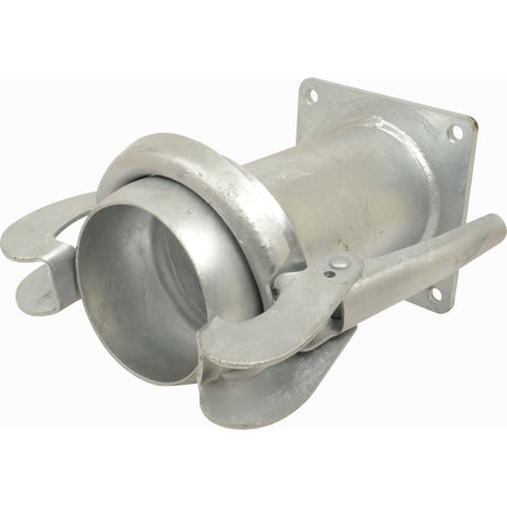 A cylindrical metal Bauer Fitting marketed under the Sparex brand, referred to as "Coupling with Square Flange Long - Male 4'' (108mm) x 4'' (100mm) (Galvanised)," featuring a square flanged end and two clamping levers on either side for secure coupling.