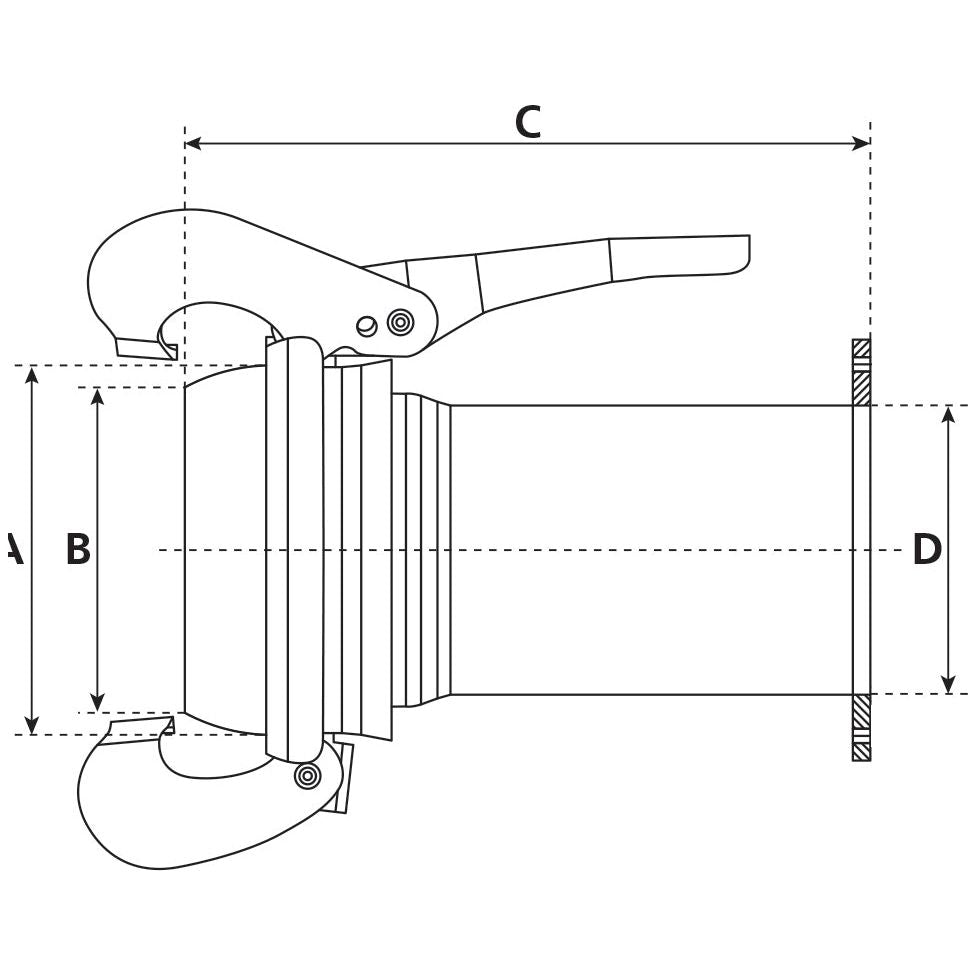 Technical drawing of the Sparex Coupling with Square Flange Long - Male 4'' (108mm) x 4'' (100mm) (Galvanised), labeled with dimensions A, B, C, and D. The coupling features a lever, two hooks, and is designed as a Bauer fitting suitable for various industrial applications. Part No.S.59435.