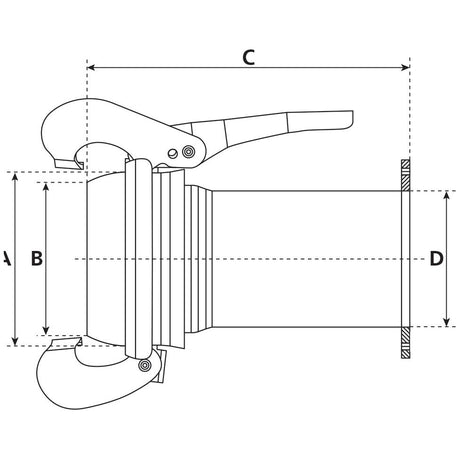 Technical drawing of the Sparex Coupling with Square Flange Long - Male 4'' (108mm) x 4'' (100mm) (Galvanised), labeled with dimensions A, B, C, and D. The coupling features a lever, two hooks, and is designed as a Bauer fitting suitable for various industrial applications. Part No.S.59435.