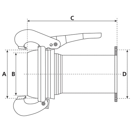 Top-down technical diagram of a galvanized Sparex Coupling with Square Flange Long - Male 5'' (133mm) x 5'' (125mm), product S.59436, displaying four labeled dimensions: A, B, C, and D.
