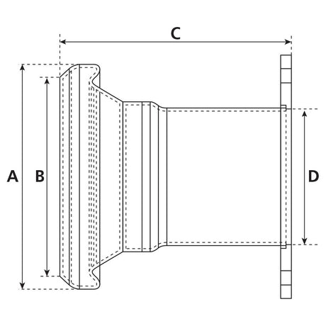 Technical drawing of a mechanical component with labeled dimensions A, B, C, and D, depicting a cross-sectional view of the part. It features a Bauer fitting and specifies the hose tail size for the Coupling with Square Flange - Female 4'' (108mm) x (100mm) (Galvanised) - S.59438 by Sparex.