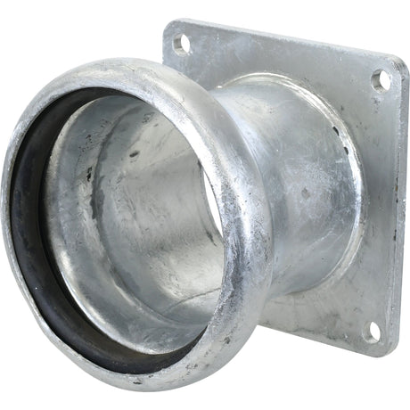 A close-up view of a Sparex Coupling with Square Flange - Female 5'' (133mm) x (125mm) (Galvanised) - S.59439. The flanged end has four mounting holes, and the slightly reflective surface shows visible signs of wear, characteristic of a galvanised Bauer Fitting.