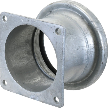 A coupling with a square flange featuring four bolt holes, cylindrical body, and galvanised finish, identified as "Coupling with Square Flange - Female 6'' (159mm) x (150mm) (Galvanised) - S.59440" by Sparex.