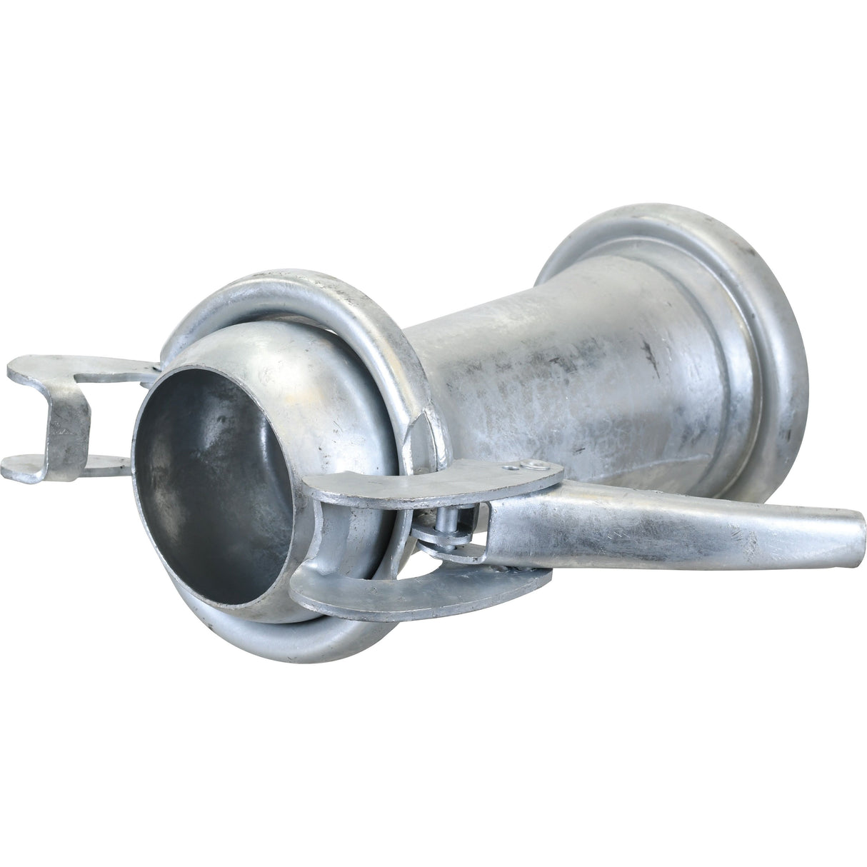 A Sparex Reducer Female/Male 5 to 4'' (133-108mm), S.59450, made of galvanized metal, featuring a lever, two clamp mechanisms at one end, and a gasket ring for an airtight seal.