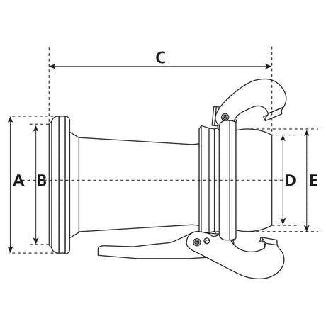 A technical drawing of the Sparex Reducer Female / Male - 5 to 4'' (133-108mm) (Galvanised) - S.59450 mechanical component with labeled dimensions A, B, C, D, and E, featuring two clamping mechanisms and a cylindrical body with a galvanized finish.