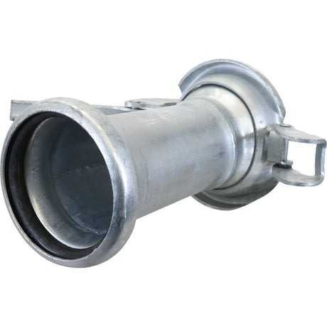 Sparex's Reducer Female / Male - 5 to 4'' (133-108mm) (Galvanised) - S.59450 is a metal pipe connector designed with a wide opening and side flanges, featuring a gasket ring for enhanced seal integrity, ideal for securely joining two pipes together.