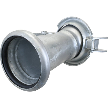 Close-up of the Sparex Reducer Female / Male - 6 to 4'' (159-108mm) with conical shape and flanged ends, featuring a visible clamp on the right side. This component, known as S.59451, appears to be galvanised for enhanced durability and rust resistance.