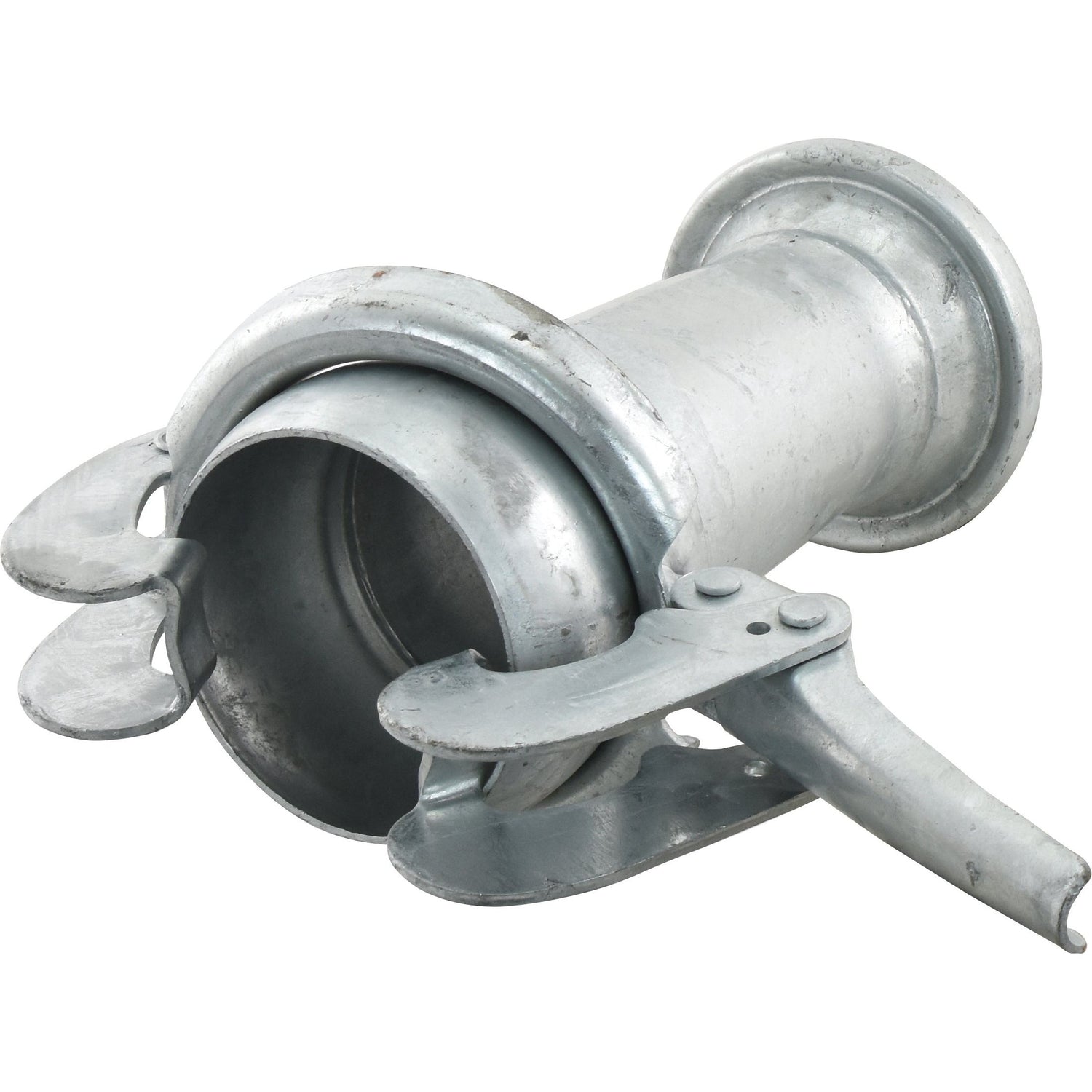 The Sparex Reducer Male / Female - 4 to 5'' (108-133mm) (Galvanised) - S.59453 is a galvanised metal camlock coupling with two levers in an open position, designed for connecting hoses and ensuring durability and reliability.