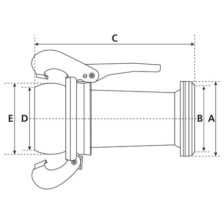 Technical drawing of a cylindrical mechanical part labeled with dimensions A, B, C, D, and E. The part features two clamps and a handle on one side. Additionally, it includes a Bauer Fitting for secure connections. This product is the "Reducer Male / Female - 4 to 5'' (108-133mm) (Galvanised)" from Sparex (S.59453).