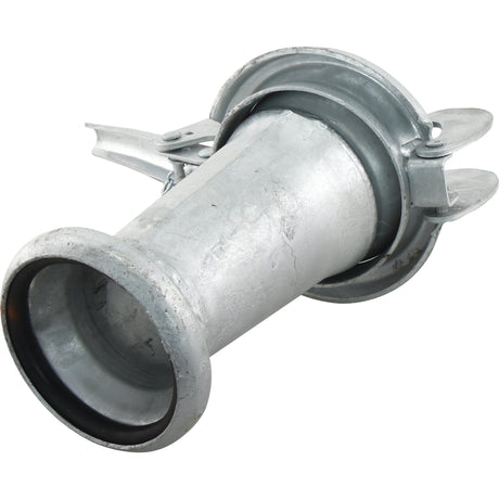 A close-up image of a Sparex Reducer Male/Female - 4 to 5'' (108-133mm) - S.59453, highlighting its metal pipe connector with a flared end and locking mechanism. The galvanised surface guarantees durability and resilience in various conditions.