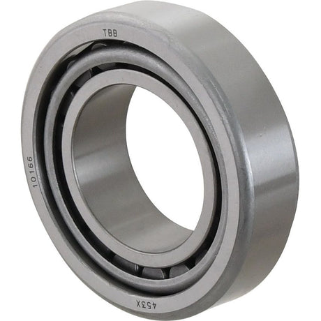 This Sparex Taper Roller Bearing (462/453X) - S.5945 features a silver cylindrical design with inner and outer rings. The inner ring contains visible rollers, while the outer ring remains smooth. The marking "TBB 453X 10166" etched on the outer surface confirms its metric standards compliance, making it an ideal replacement part from Sparex.