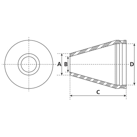 Technical drawing of the Cone - 6'' (150mm) - S.59463 from Sparex, featuring horizontal and vertical cross-sectional views with labeled dimensions A, B, C, and D. The universal fitting ensures compatibility across various applications.