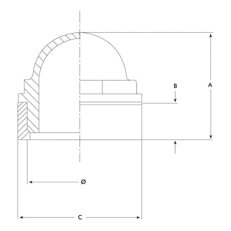 Technical drawing of a cross-section of a cylindrical object with a domed top, showing dimensions labeled A, B, C, and Ø51mm by Sparex (Complete inspection glass 2'' | Sparex Part No.S.59471).