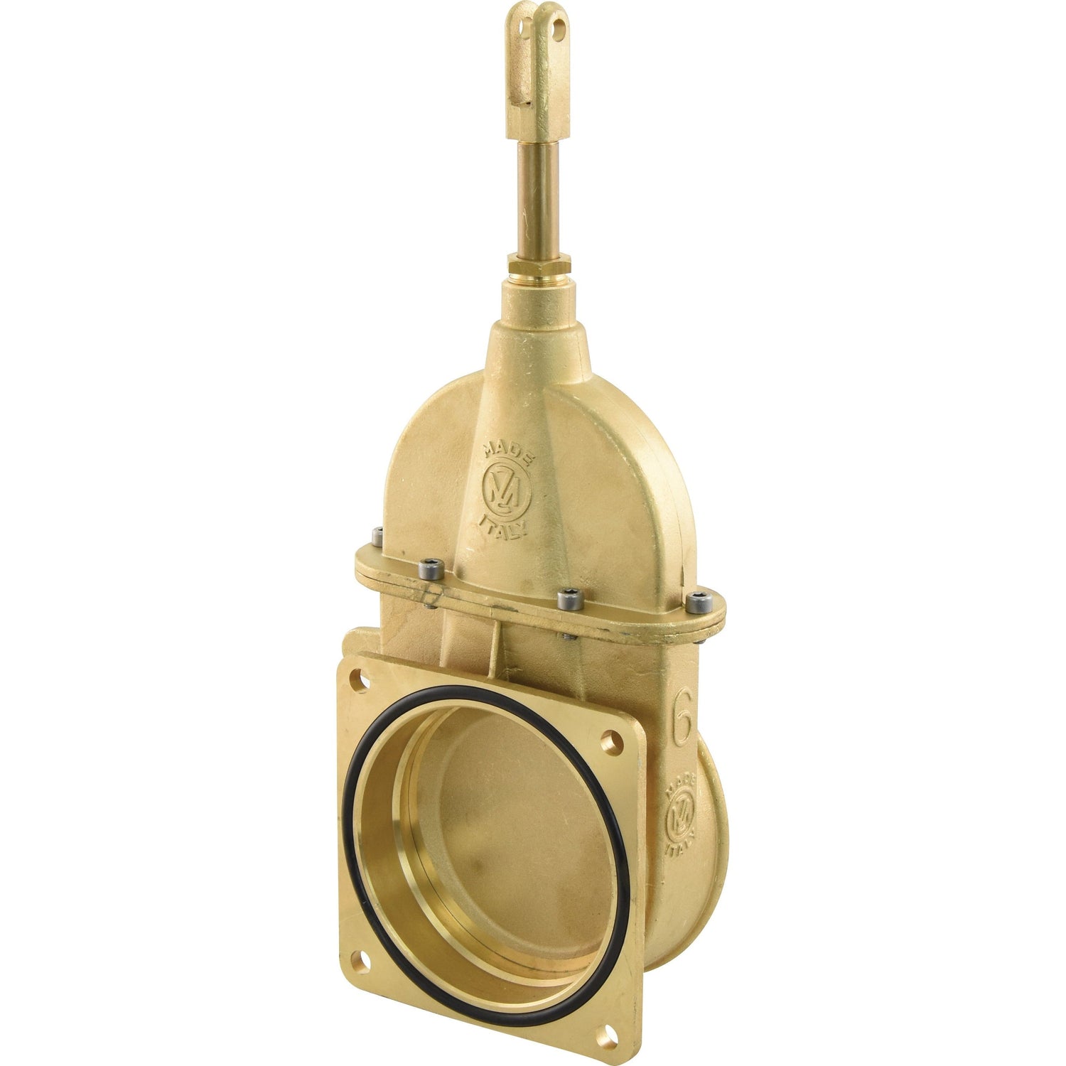 A metallic industrial valve from Sparex, named the Gate valve - Flanged/Threaded 6'' - S.59476, features a cylindrical body with a lever at the top and a circular opening at the base, designed for high performance under varying temperature ranges.