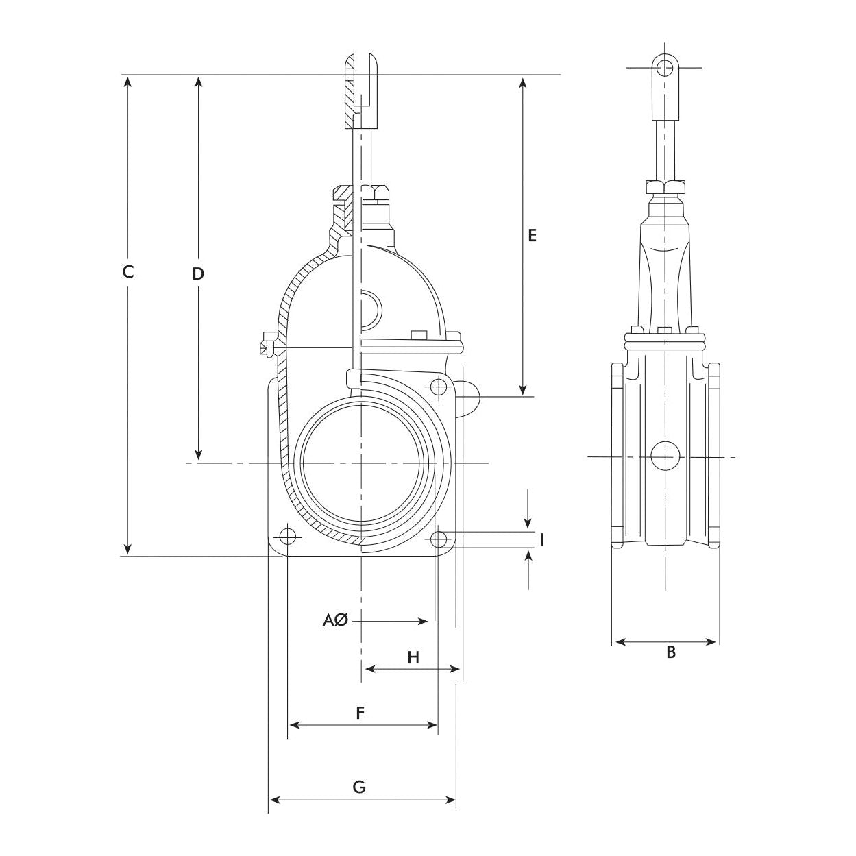 Technical drawing of a Gate valve - Flanged/Threaded 6'' - S.59476 by Sparex, showing multiple views with dimensions labeled A through I, including lengths, widths, and heights. Max. Pressure and Temperature range are also specified.