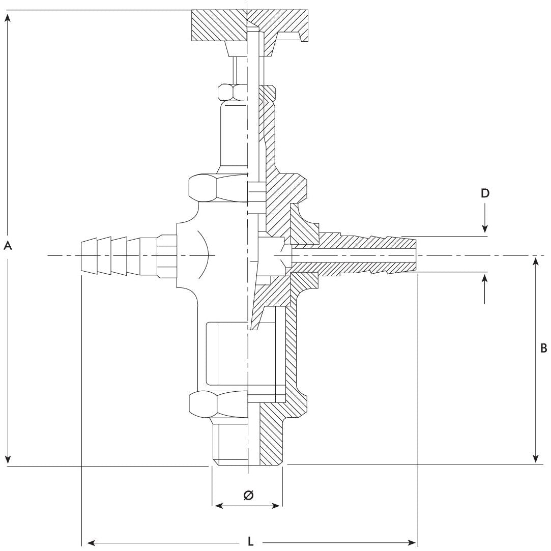 Technical line drawing of a cross-sectional mechanical component labeled with dimensions A, B, D, L, and diameter symbol (Ø). The component features multiple cylinders and connectors. Designed by Metaltecnica, the Oil Dropper (Sparex Part No. S.59478) from Sparex is ideal for applications involving vacuum pumps with a twin outlet configuration.