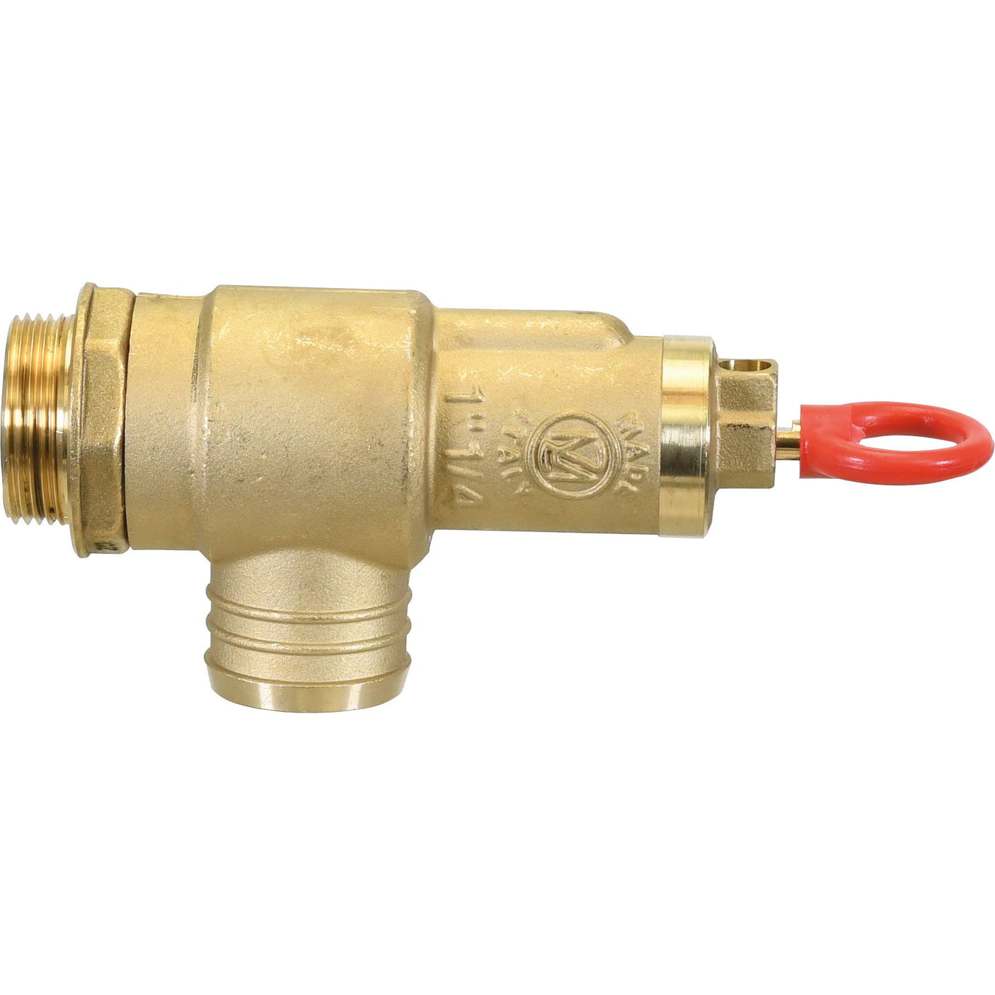 The Sparex Pressure Relief Valve 1 1/4'' (Sparex Part No. S.59479) comes with a red safety tag, threaded connections, and manufacturer markings, making it an ideal component for use in Battioni Pagani Pomp systems.