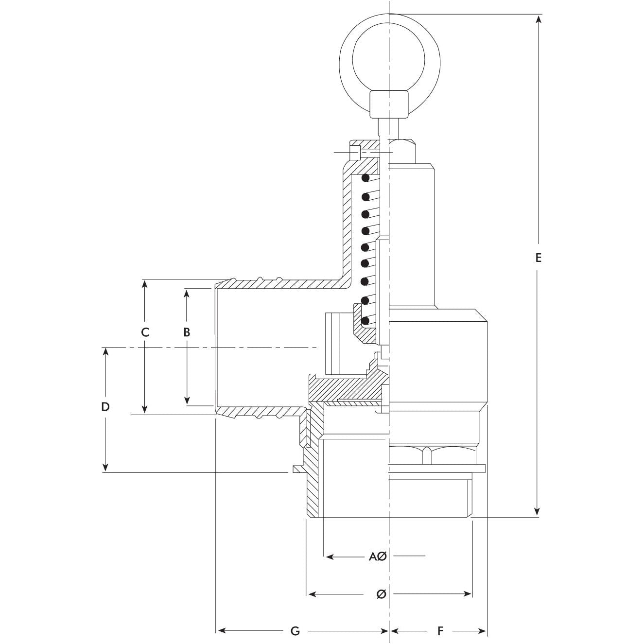 The technical drawing of a cross-sectional view of the Sparex Pressure relief valve 1 1/4'' (Sparex Part No. S.59479), labeled with various dimensions and featuring a circular ring on top, shows internal and external parts with precise measurements. This diagram could be standardized according to Metaltecnica or MEC2000 specifications.