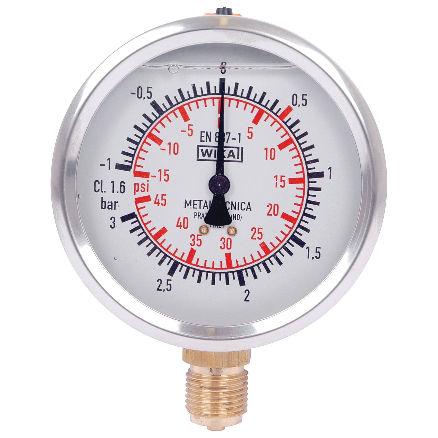 A round analog pressure gauge by Sparex with a 100mm metallic frame, displaying measurements in bar from -1 to +3 bar, featuring both black and red markings, connected by a brass fitting.
