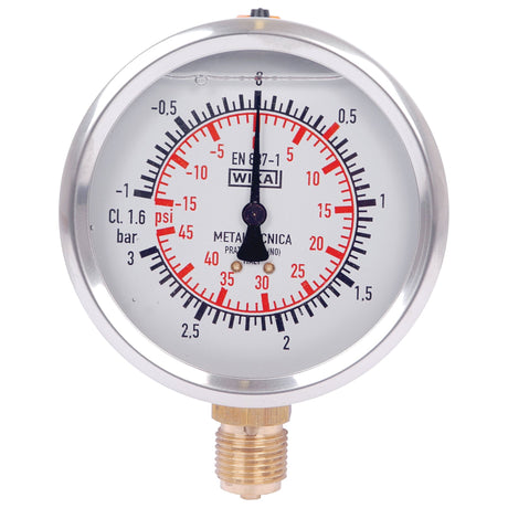 A round analog pressure gauge by Sparex with a 100mm metallic frame, displaying measurements in bar from -1 to +3 bar, featuring both black and red markings, connected by a brass fitting.