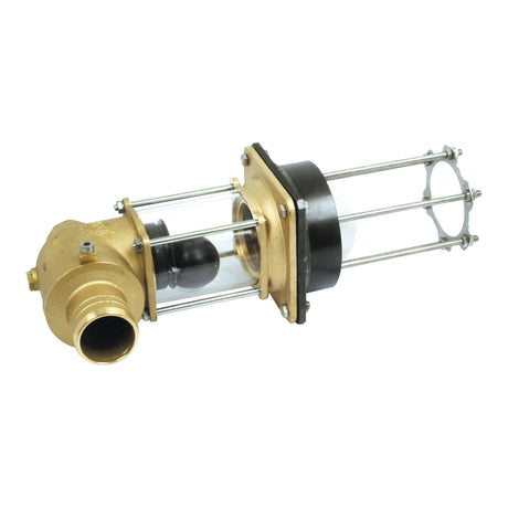 The Sparex Overflow valve 60mm (Sparex Part No. S.59486) features a brass water pump with an attached clear cylindrical housing, supporting metal rods, and a height of 495mm, showcasing precise product specifications inherent in Metaltecnica designs.