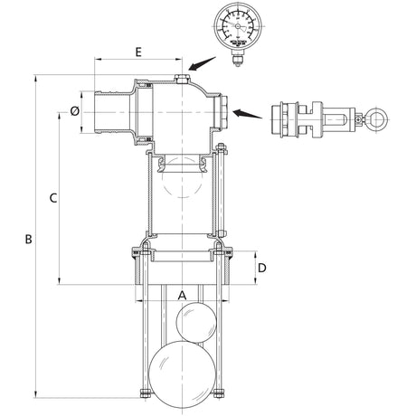 Technical drawing of a Sparex Overflow valve 60mm (Sparex Part No.S.59486), labeled with dimensions A through E and featuring a pressure gauge. Additional components are indicated with arrows, and product specifications include a height of 495mm.