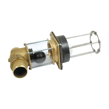 The Overflow Valve 80mm by Sparex (Part No. S.59487) features a cylindrical brass and glass body, several metal rods, and a nozzle on one end. With product specifications highlighting its height of 550mm, this apparatus combines both elegance and functionality.