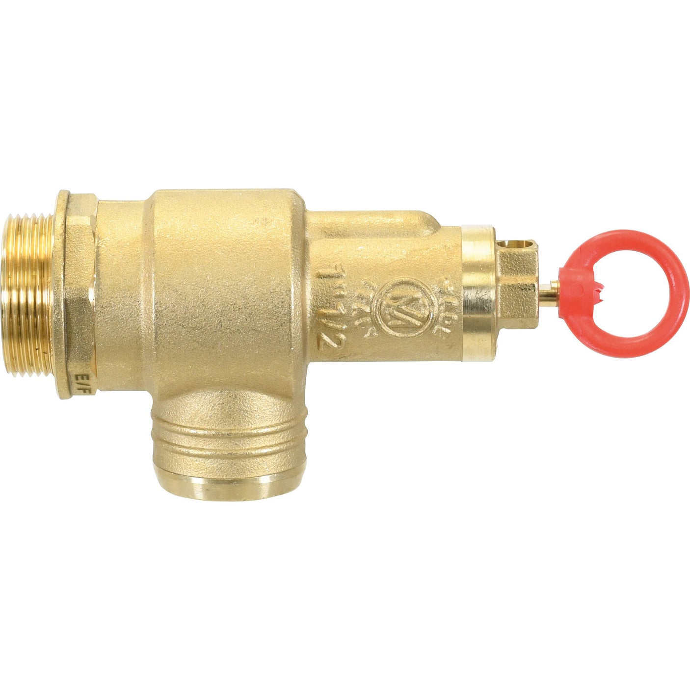 A Pressure relief valve 1 1/2'' (Sparex Part No. S.59488) by Sparex, featuring a brass construction with a threaded inlet on the left and a red ring pull on the right, compatible with Metaltecnica systems.