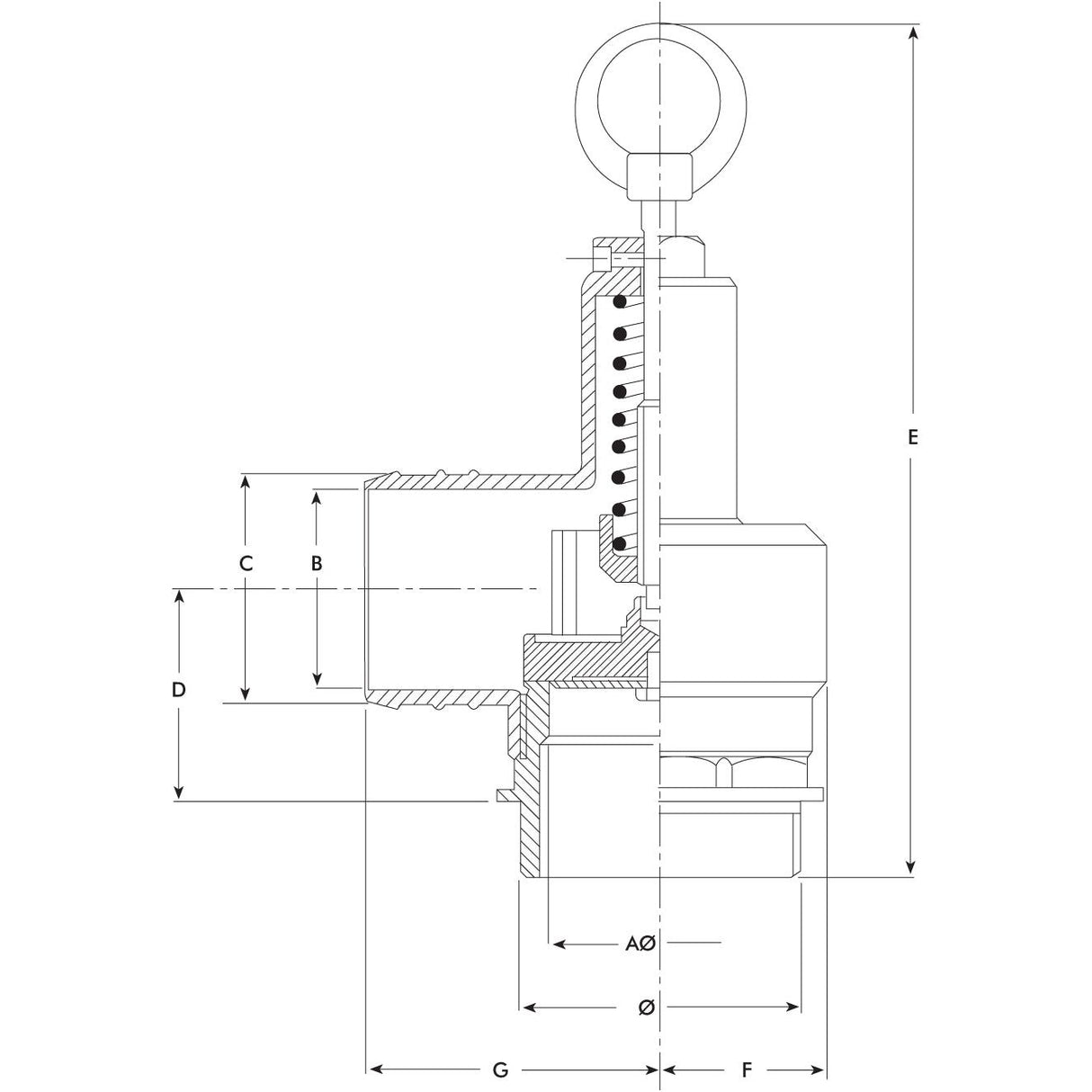 Technical engineering diagram of a mechanical valve with dimensions labeled, showing a cross-sectional view and various components including a spring, O-ring, and threaded sections. Compatible with Battioni Pagani Pomp systems, this Pressure relief valve 1 1/2'' also includes the Sparex Part No.S.59488 for reference.