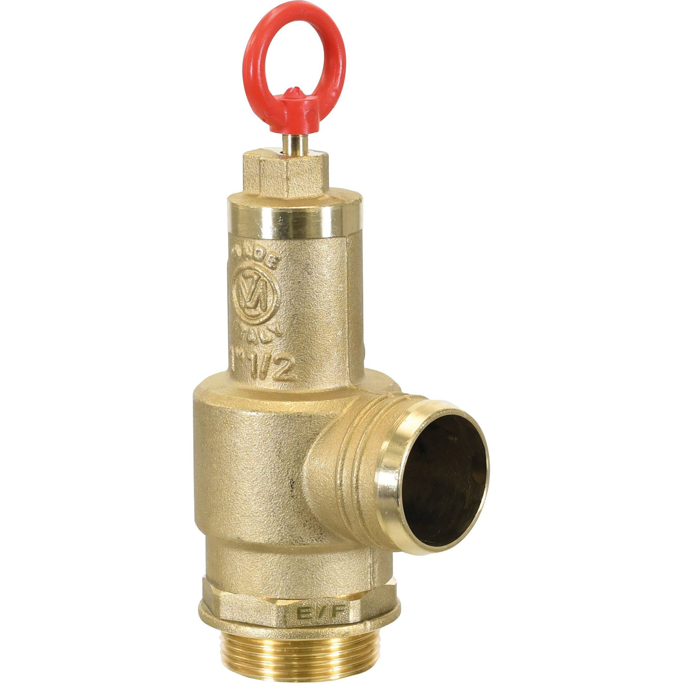 The Sparex brass pressure relief valve (Part No. S.59488) features a red circular handle on top and threaded outlets at both the bottom and side, designed to be compatible with Battioni Pagani Pomp and easily identifiable by its OEM part number.