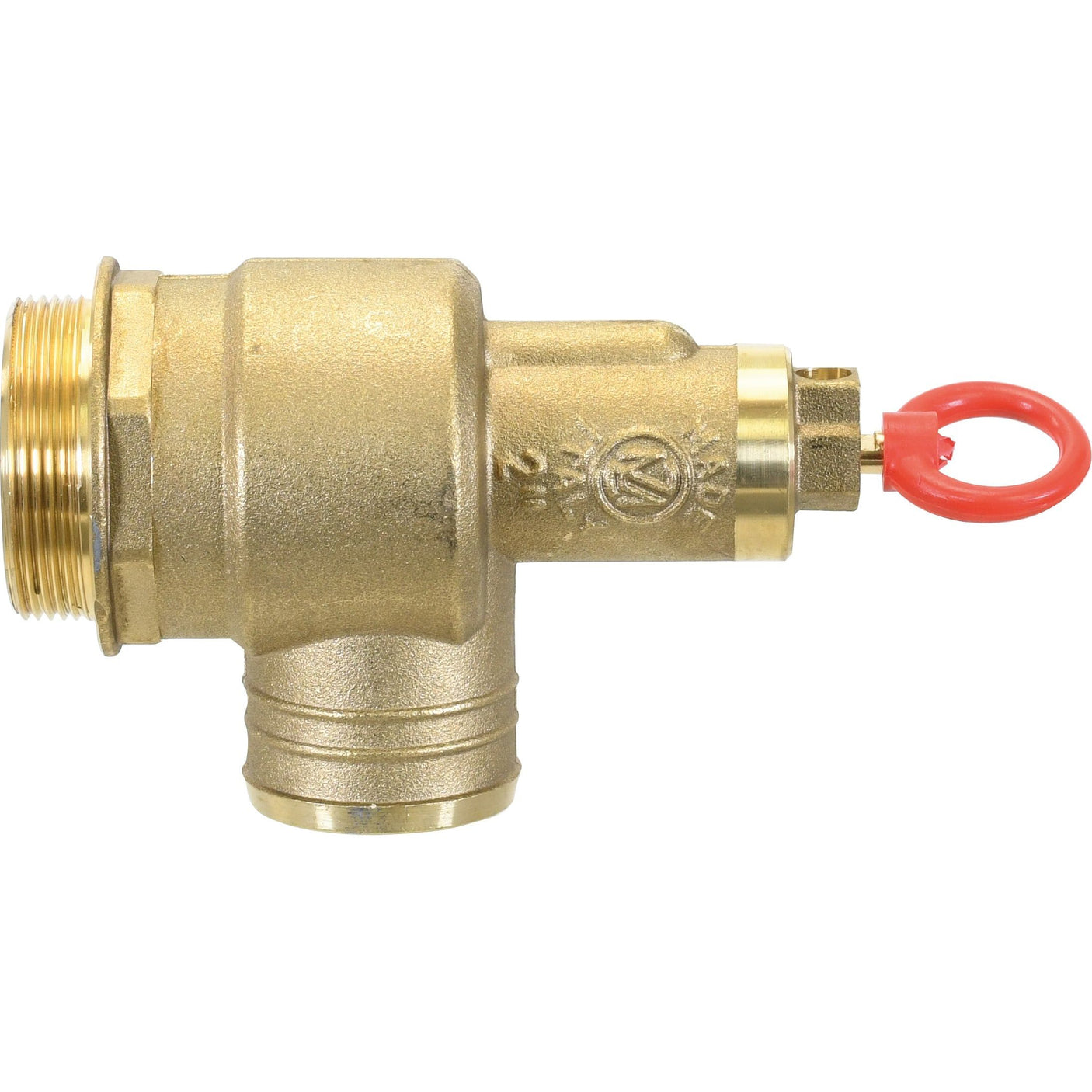 Close-up of the Sparex pressure relief valve 2'', featuring a threaded end and a red pull ring on the other, designed for safety in heating systems (Sparex Part No. S.59489).