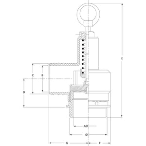 Technical drawing of a mechanical component by Sparex, showing a cross-sectional view of the Pressure relief valve 2'' (Sparex Part No. S.59489) with various labeled dimensions including A, B, C, D, E, F, and G.