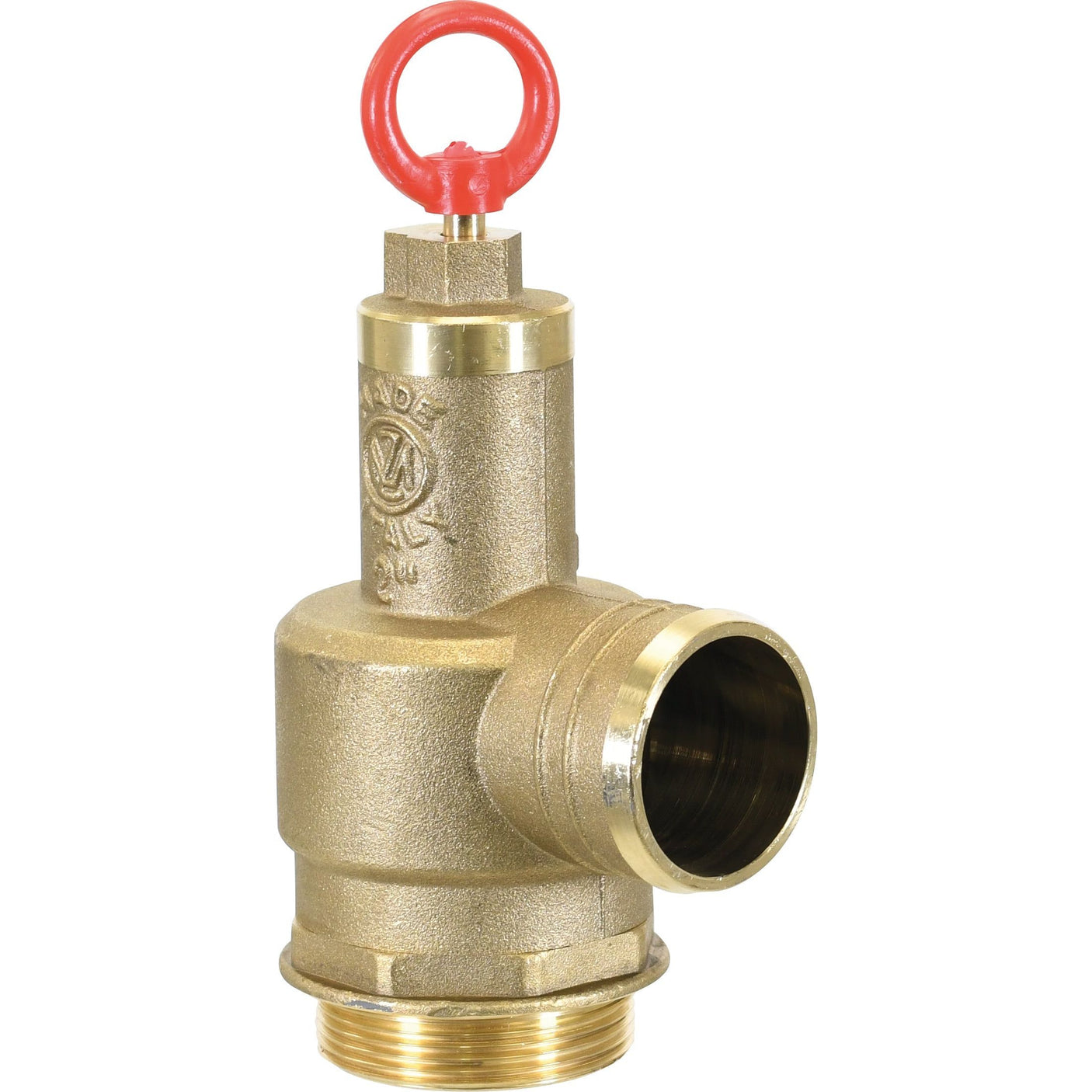 The Sparex Pressure Relief Valve 2'' (Sparex Part No.S.59489) features a red circular handle on top and threaded connections for easy installation.