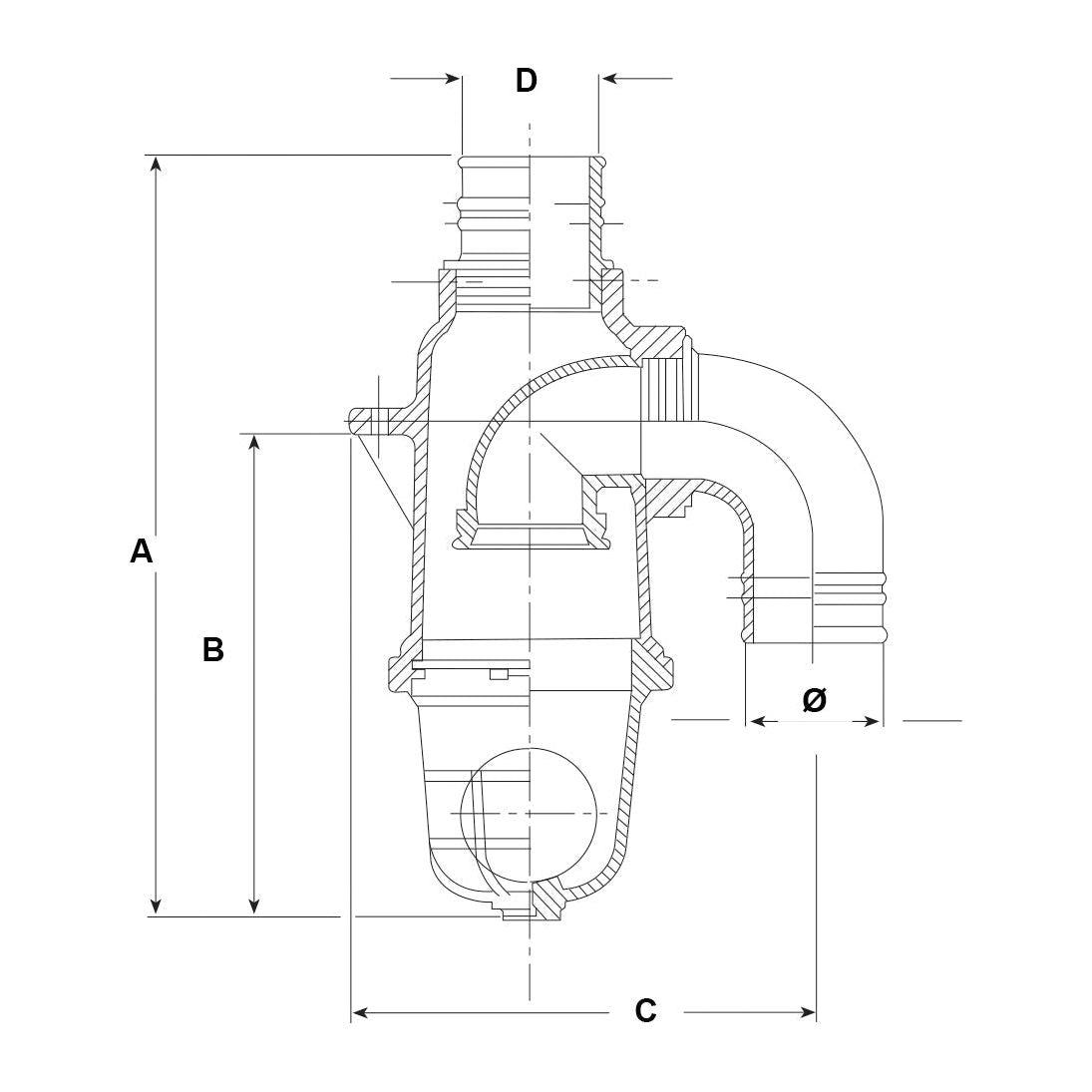 Technical diagram of a Sparex Syphon valve Ø60mm (Sparex Part No. S.59490), featuring labeled dimensions A, B, C, D, and Ø, height 442mm with cross-sectional views and detailed measurements. Tariff code 8436990090.