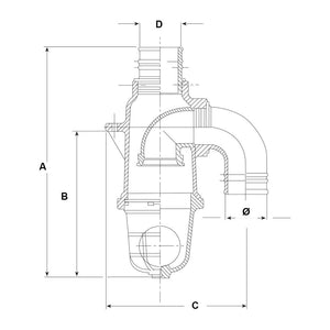 Technical diagram of a Sparex Syphon valve Ø60mm (Sparex Part No. S.59490), featuring labeled dimensions A, B, C, D, and Ø, height 442mm with cross-sectional views and detailed measurements. Tariff code 8436990090.