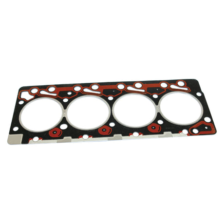 The Sparex Head Gasket - 4 Cyl. (Sparex Part No.S.59502) is a multi-layer steel (MLS) head gasket designed for use in internal combustion engines. It features four circular cutouts and comes with red and black sealing materials along its edges, making it ideal for Case IH and Cummins applications.