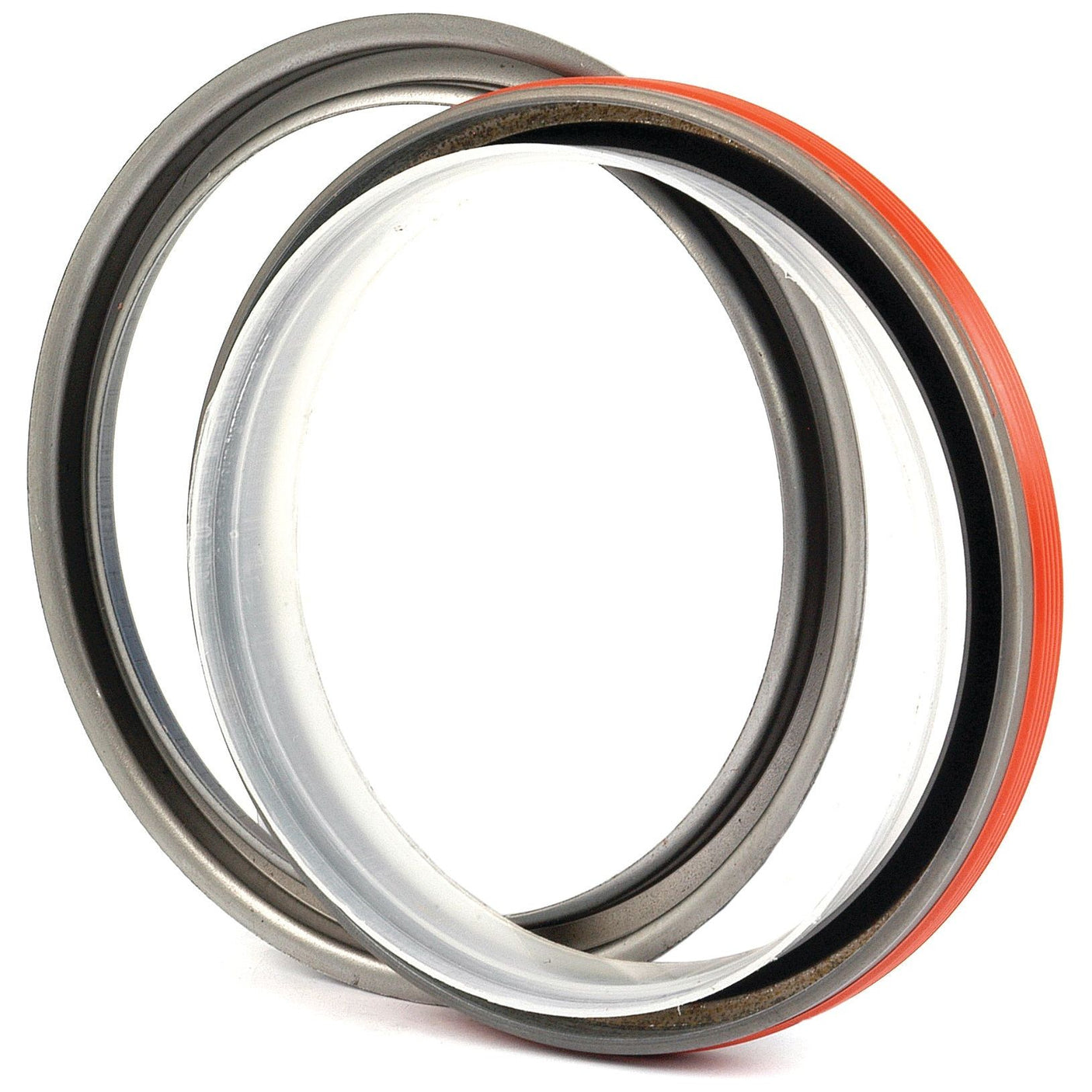 Close-up of two Sparex Metric Rotary Shaft Seals, one featuring a red rubber outer ring and the other with a metal outer ring, ideal for Ford / New Holland applications. Product dimensions: 125 x 150.5 x 14.3mm | Sparex Part No.S.59505.