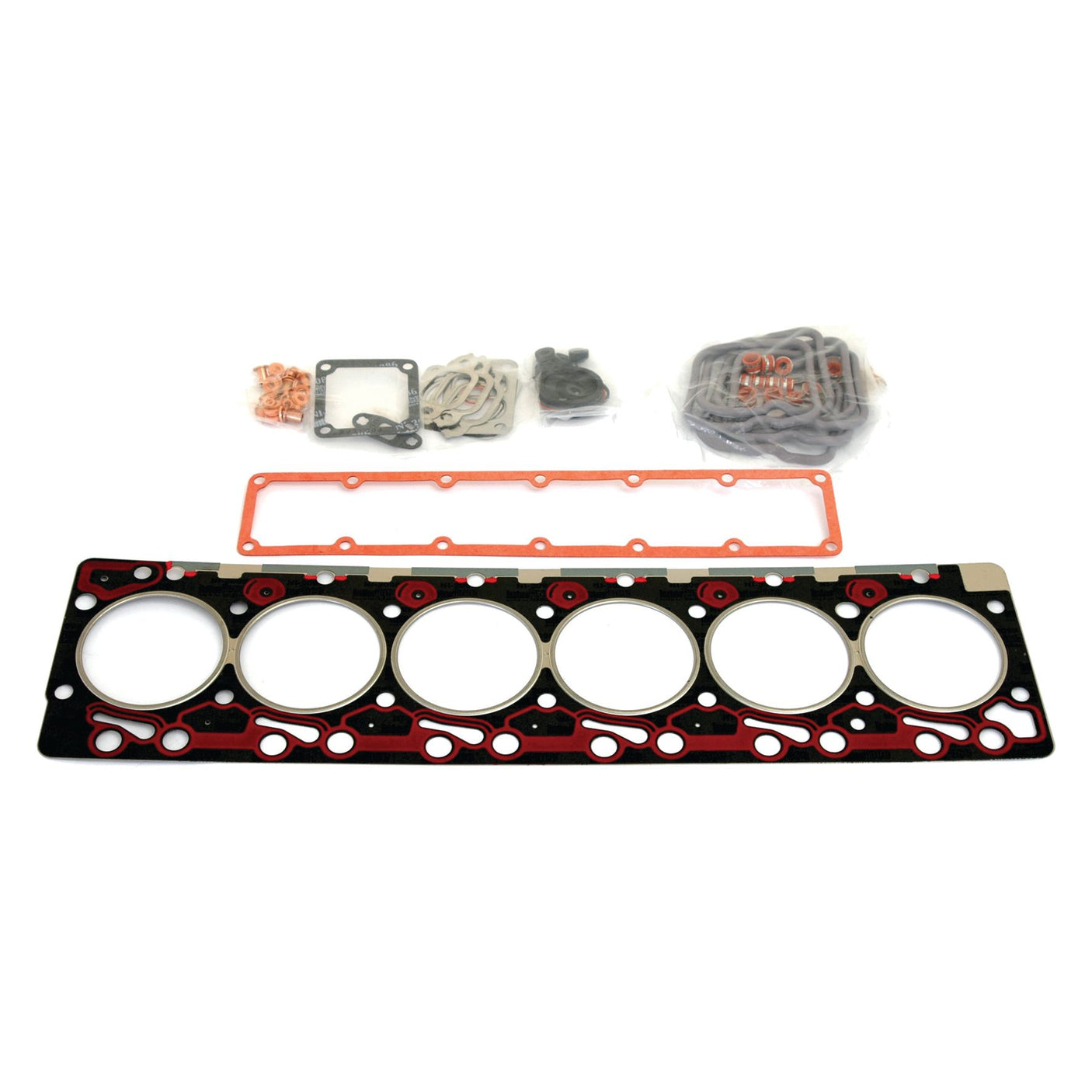 Introducing the Sparex Top Gasket Set - 6 Cyl. (5.9, 6B, 6BT, 6BTA, 6T590, 6TA590) | Sparex Part No. S.59507 for your Cummins Engine. This comprehensive set includes a head gasket along with smaller seals and fasteners, all meticulously arranged on a white background—ideal for maintaining your Case IH machinery.